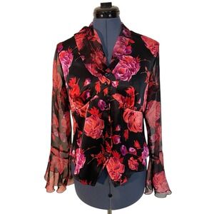 Vtg Notations Floral Sheer Tie Neck Bell Sleeve Blouse Y2K Dark Floral Romance M